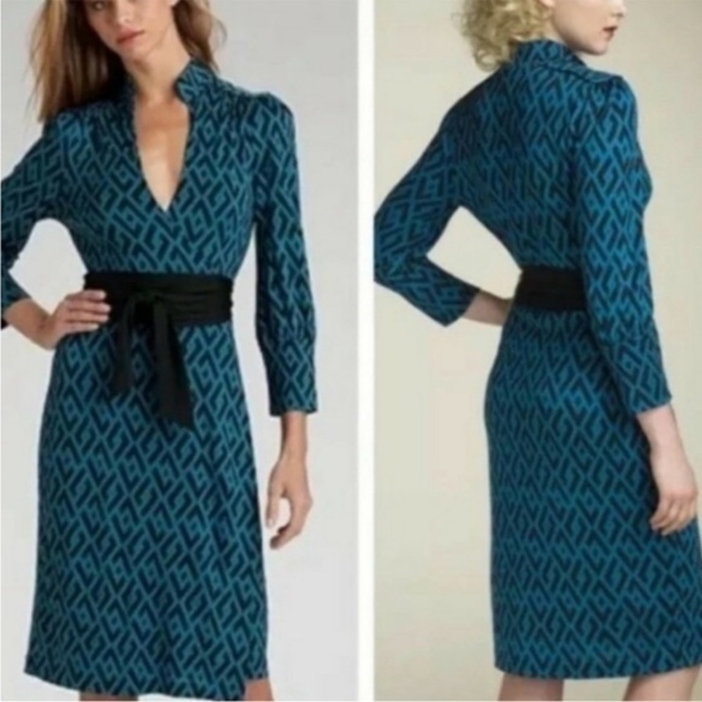 Diane Von Furstenberg 100% Silk Tessa Teal Black Wrap Midi Dress women’s size 4